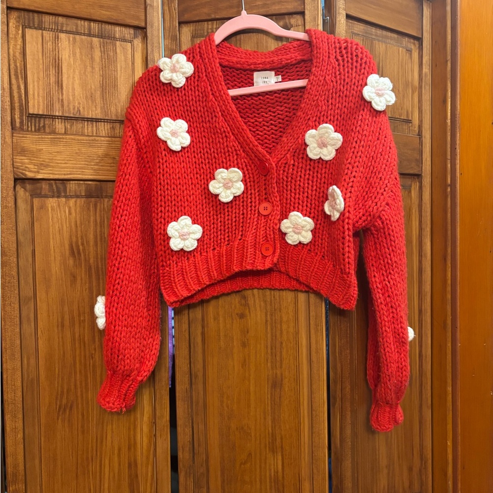 Luna Ivy Cozy Red Floral Knit Cardigan - Picture 2 of 7